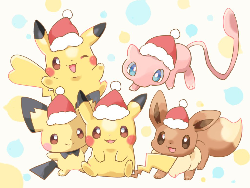 2boys 2girls :3 :d blue_eyes brown_eyes commentary_request eevee hat kana_(maple926) looking_at_viewer mew multiple_boys multiple_girls no_humans one_eye_closed open_mouth pichu pikachu pokemon pokemon_(creature) red_eyes santa_hat simple_background sitting smile toes