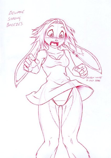 2007 anthro blush clothed clothing clothing_lift dress ear_piercing female fran_cervic&eacute; keiron_white lagomorph leporid looking_down looking_surprised mammal open_mouth panties piercing rabbit shirt shirt_lift sketch solo text topwear underwear