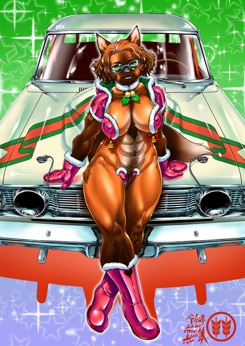 2021 abs anthro biped black_lips body_hair boots brown_body brown_fur brown_hair camel_toe canid canine car christmas christmas_clothing clothing collar digital_media_(artwork) eyewear female footwear fur glasses green_eyes hair handwear happy_trail hi_res holidays inner_boob kuro-gane lips looking_at_viewer mammal maned_wolf mittens muscular muscular_anthro muscular_female nipple_outline orange_body orange_fur orange_hair signature smile solo vehicle white_body white_fur