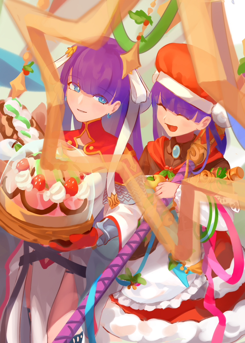 2girls apron bangs belt blue_eyes blunt_bangs blush breasts brooch brown_shirt cake cleavage closed_eyes dual_persona fate/grand_order fate_(series) food fur_trim gauntlets hair_ribbon hat jewelry large_breasts long_hair long_sleeves looking_at_viewer martha_(fate) martha_(santa)_(fate) medium_breasts mittens multiple_girls off_shoulder open_mouth pelvic_curtain pouch purple_hair red_headwear red_skirt ribbon santa_hat shirt skirt smile staff thighhighs thighs vogel white_apron