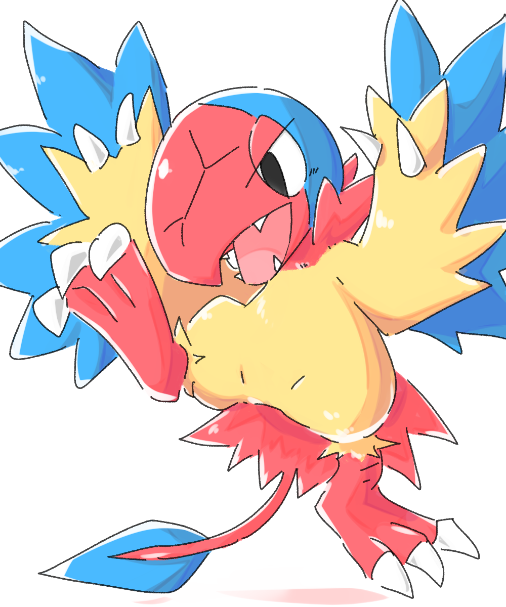 3_toes ambiguous_gender archen black_eyes blue_body blue_feathers claws fangs feathers featureless_crotch feet feral fossil_pok&eacute;mon hi_res nintendo open_mouth pok&eacute;mon pok&eacute;mon_(species) red_body red_feathers simple_background solo toe_claws toes video_games white_background yellow_body ちゃば