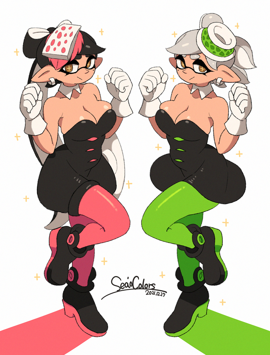 big_breasts black_hair breasts brown_eyes callie_briggs cephalopod cleavage clothed clothing collar dress duo ear_piercing ear_ring female footwear gloves grey_hair hair handwear hanna-barbera hat headgear headwear hi_res humanoid inkling leggings legwear looking_at_viewer marie_(splatoon) marine mollusk nintendo piercing pseudo_hair raised_leg shoes simple_background sneakers splatoon squid_sisters_(splatoon) swat_kats tan_body tan_skin tentacle_hair tentacles video_games white_background yuta_agc