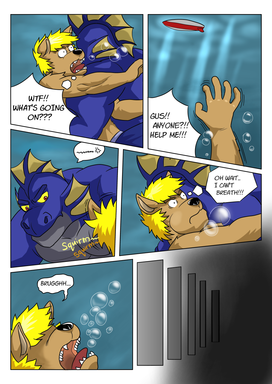 5_fingers air_bubbles annoyed anthro aquatic_dragon asphyxiation blonde_hair blue_body blue_bottomwear blue_clothing blue_scales blue_shorts bottomwear brown_body brown_fur canid canine canis clothed clothing comic desperation dialogue domestic_dog dragon drowning duo ear_fins ear_frill english_text extended_arm fin fingers forced frill_(anatomy) fur grabbed grey_body grey_scales hair head_crest head_fin head_frill help_request hi_res holding_breath light male mammal marine muscular muscular_anthro muscular_male onomatopoeia passing_out reaching_out scales scalie serious shorts sinking sound_effects struggling surfboard text topless topless_male underwater vju79 water wide_eyed wolf