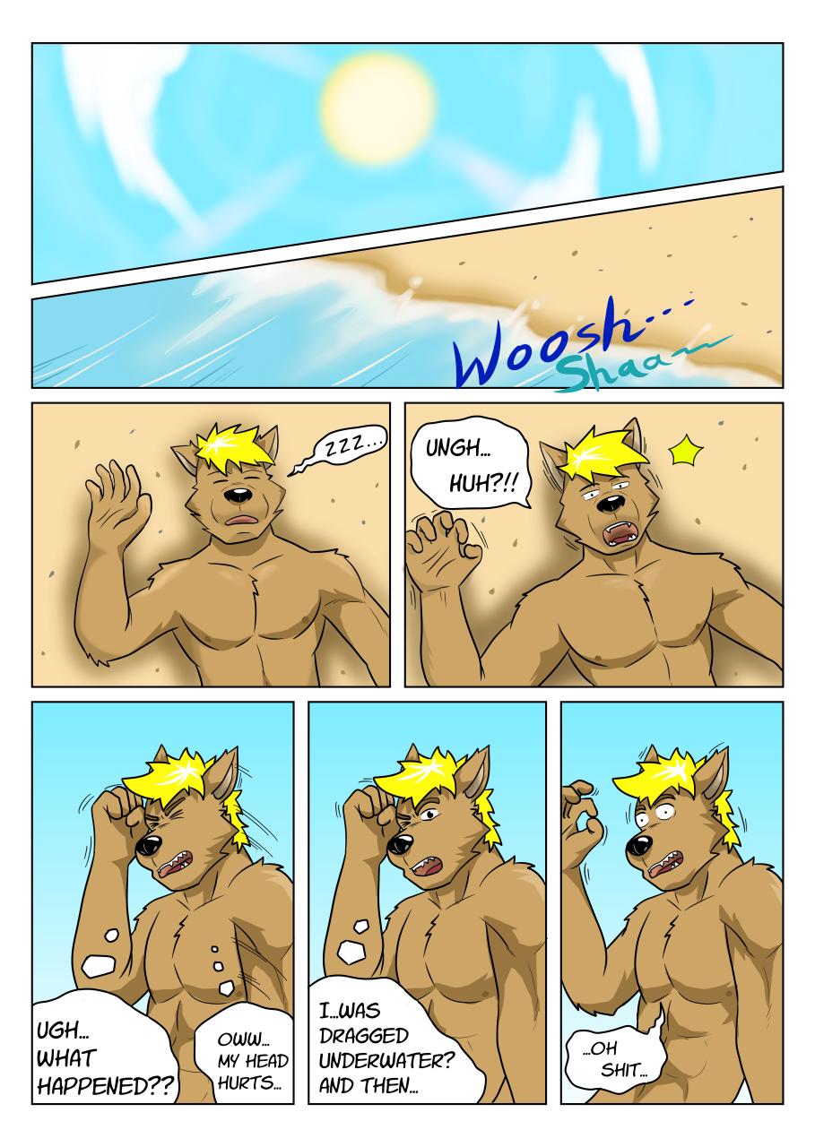 5_fingers anthro athletic athletic_anthro athletic_male beach blonde_hair brown_body brown_fur canid canine canis clothed clothing comic confusion dialogue domestic_dog english_text eyes_closed fingers fur getting_up grimace grunting guss_(vju79) hair hand_on_head hi_res lying lying_on_ground male mammal on_back on_ground pain profanity sand sea seaside shocked shoreline sky sleeping solo sound_effects sun text thought_bubble topless topless_male unconscious vju79 water wave wide_eyed wolf zzz