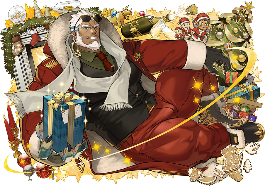 1boy aegir_(housamo) aqua_hair bara beard bell blue_eyes boots bull candle champagne_bottle christmas christmas_ornaments christmas_present christmas_stocking christmas_tree christmas_wreath dark_skin eyewear_on_head facial_hair fingernails fireplace gift gingerbread_cookie glass gloves gomtang hat holding large_pectorals looking_at_viewer male_focus multicolored_hair muscular muscular_male neck_bell necktie official_art pectorals santa_boots santa_costume santa_gloves santa_hat scarf sharp_fingernails ship_in_a_bottle smile snow_globe solo sparkle streaked_hair sunglasses tokyo_afterschool_summoners toy transparent_background vest_over_shirt white_hair