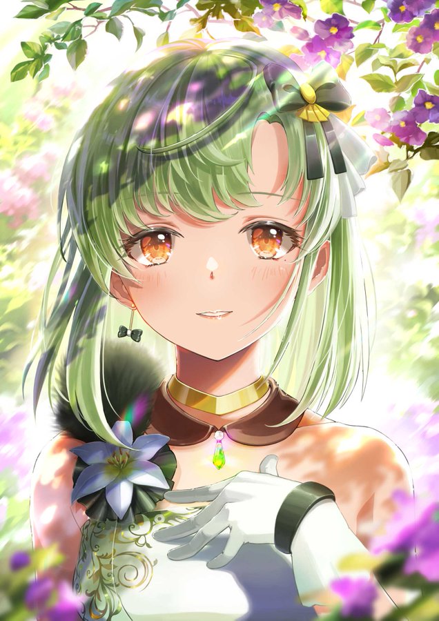 1girl bangs blurry blurry_foreground bow earrings eyebrows_visible_through_hair flower gloves green_bow green_hair idolmaster idolmaster_(classic) idolmaster_stella_stage jewelry long_hair looking_at_viewer orange_eyes parted_lips purple_flower shiika_(idolmaster) smile solo sunlight tomato_(kiiroitomato33) upper_body white_flower white_gloves