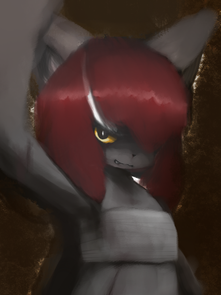 angry anthro black_eyes black_nose blood bodily_fluids canid canine chest_wraps clenched_teeth female grey_body grey_ears hair hasukii looking_at_viewer mal_(hasukii) mammal pupils raised_arm red_hair slit_pupils solo teeth white_hair white_inner_ear white_pupils wounded wraps yellow_sclera