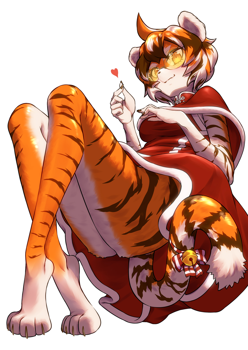 &lt;3 anthro arknights barefoot bell black_body breasts butt clothing eyewear feet felid female fur glasses hair hi_res hypergryph looking_at_viewer mammal multicolored_body multicolored_fur multicolored_hair orange_body orange_fur orange_hair pantherine solo studio_montagne tiger video_games waaifu_(arknights) white_body white_fur white_hair yamauti_comy