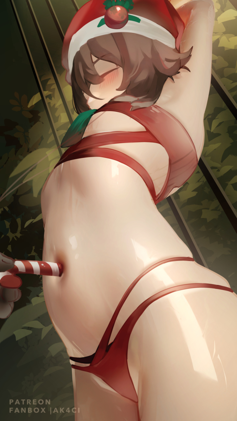 1girl ak4ci arms_up bikini bound bound_wrists breasts brown_hair candy candy_cane christmas closed_eyes food genshin_impact hat highres hu_tao_(genshin_impact) navel navel_insertion red_bikini restrained santa_hat small_breasts standing stomach swimsuit tree underboob