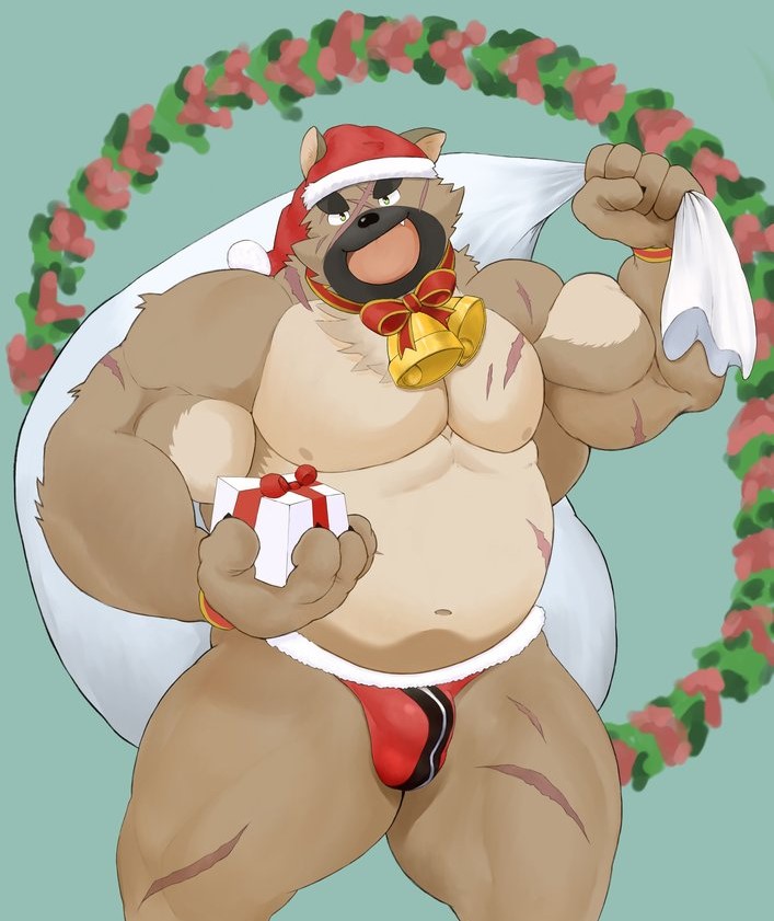 2021 anthro belly bulge canid canine canis christmas christmas_clothing christmas_headwear clothing cute_fangs d0iii0b domestic_dog gift hat headgear headwear holidays humanoid_hands kemono lifewonders male mammal navel nipples overweight overweight_male santa_hat scar solo tokyo_afterschool_summoners underwear video_games yasuyori