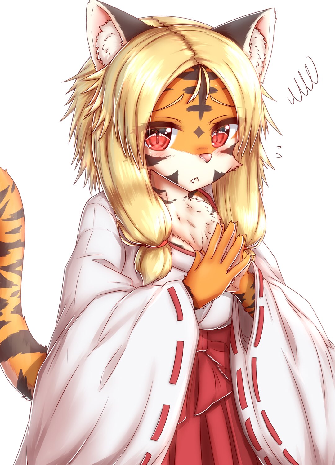 anthro cute_fangs felid female fur hi_res horokusa0519 looking_at_viewer mammal orange_body orange_fur pantherine pink_nose red_eyes shrine_maiden solo striped_body striped_fur stripes tiger tora-chan_(horokusa) white_body white_fur