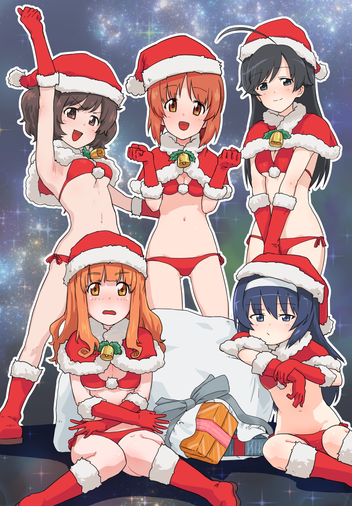 5girls ahoge akiyama_yukari alternate_costume arm_up bangs bell bikini black_eyes black_hair blunt_bangs boots breasts brown_eyes brown_hair capelet christmas clenched_hands closed_mouth commentary covering eyebrows_visible_through_hair frown fur-trimmed_capelet fur_trim gift girls_und_panzer gloves hairband half-closed_eyes hat highres holly isuzu_hana leaning_to_the_side long_hair looking_at_viewer medium_breasts messy_hair monolith_(suibou_souko) multiple_girls navel neck_bell night night_sky nishizumi_miho open_mouth orange_eyes orange_hair outline raised_fist red_bikini red_capelet red_footwear red_gloves red_headwear reizei_mako sack santa_bikini santa_boots santa_gloves santa_hat short_hair side-tie_bikini sitting sky smile standing star_(sky) starry_sky swimsuit takebe_saori v_arms w_arms white_hairband white_outline