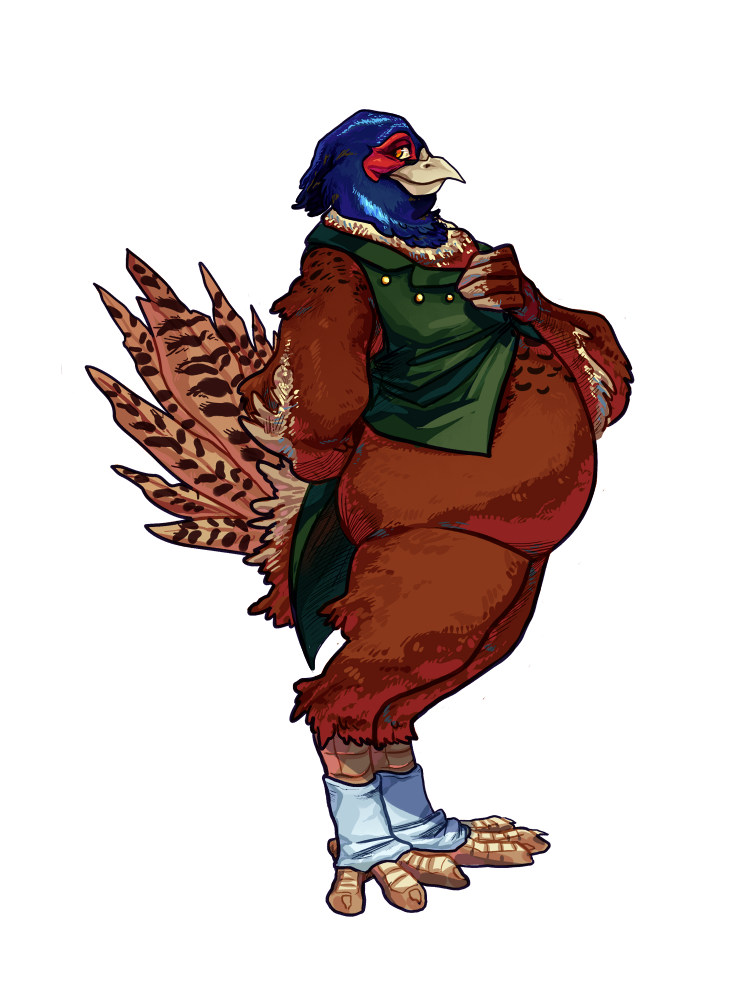 2018 4_toes 5_fingers anisodactyl anthro avian beak belly big_belly biped bird bird_feet blue_body blue_feathers bottomless brown_body brown_feathers claws clothed clothing common_pheasant dgirael digital_media_(artwork) digitigrade faisan_(foxcall) feathers feet fingers full-length_portrait galliform green_clothing green_topwear green_vest hand_behind_back looking_at_viewer male multicolored_body multicolored_feathers overweight overweight_anthro overweight_male phasianid phasianus portrait red_body red_feathers scutes shaded side_view solo standing story story_in_description tail_feathers tan_beak tan_body tan_feathers thick_thighs toe_claws toes topwear wide_hips yellow_claws yellow_eyes