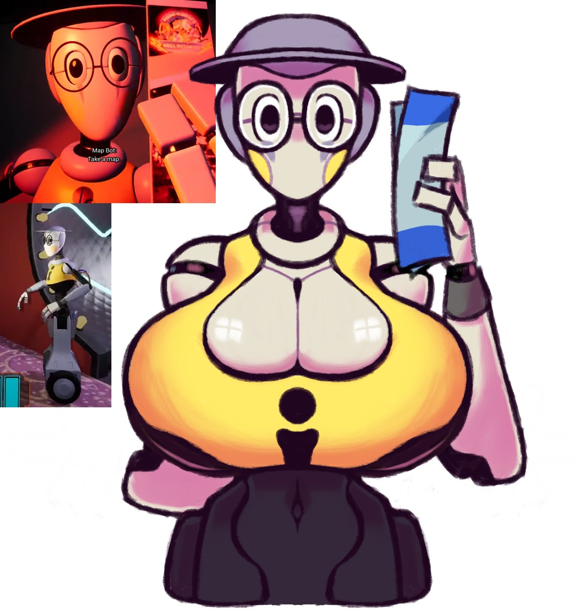 animatronic anthro arm_behind big_breasts breasts cartoon_eyes cleavage cleavage_overflow clothed clothing curvaceous curvy_figure eyewear female five_nights_at_freddy's five_nights_at_freddy's:_security_breach glistening glistening_body glistening_breasts hand_behind_back headgear headwear hi_res holding_object huge_breasts machine map map_bot_(fnaf) metallic_body mouthless navel robot scottgames silver_body simple_background simple_eyes small_waist solo video_games voluptuous wallstapless white_background yellow_clothing