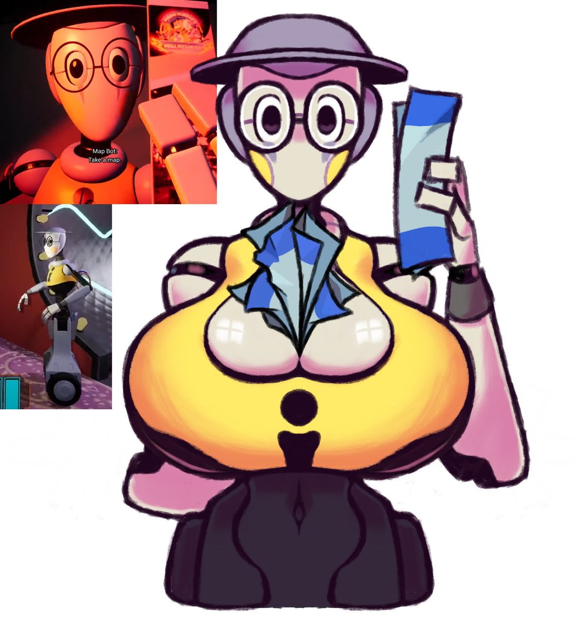 animatronic arm_behind big_breasts breasts cartoon_eyes cleavage cleavage_overflow clothed clothing curvaceous curvy_figure eyewear female five_nights_at_freddy's five_nights_at_freddy's:_security_breach glistening glistening_body glistening_breasts hand_behind_back headgear headwear hi_res huge_breasts machine map map_bot_(fnaf) metallic_body mouthless navel object_between_breasts robot scottgames silver_body simple_background simple_eyes small_waist solo video_games voluptuous wallstapless white_background yellow_clothing