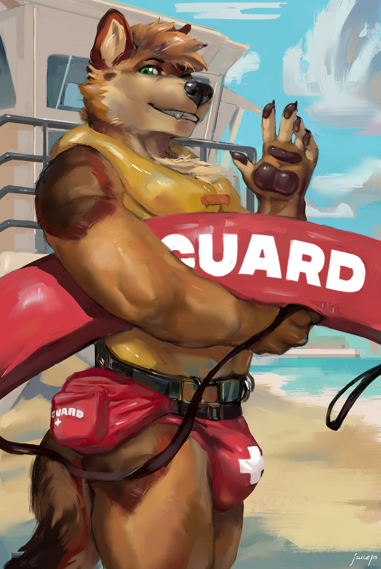 2021 5_fingers anthro beach black_nose black_pawpads brown_body brown_fur bulge canid canine canis chest_tuft claws clothed clothing domestic_dog fangs finger_claws fingers fur german_shepherd herding_dog hi_res humanoid_hands juiceps life_jacket life_preserver lifeguard lifeguard_tower male mammal pastoral_dog pawpads pouch_(disambiguation) sand seaside signature smile solo speedo standing swimwear teeth tuft