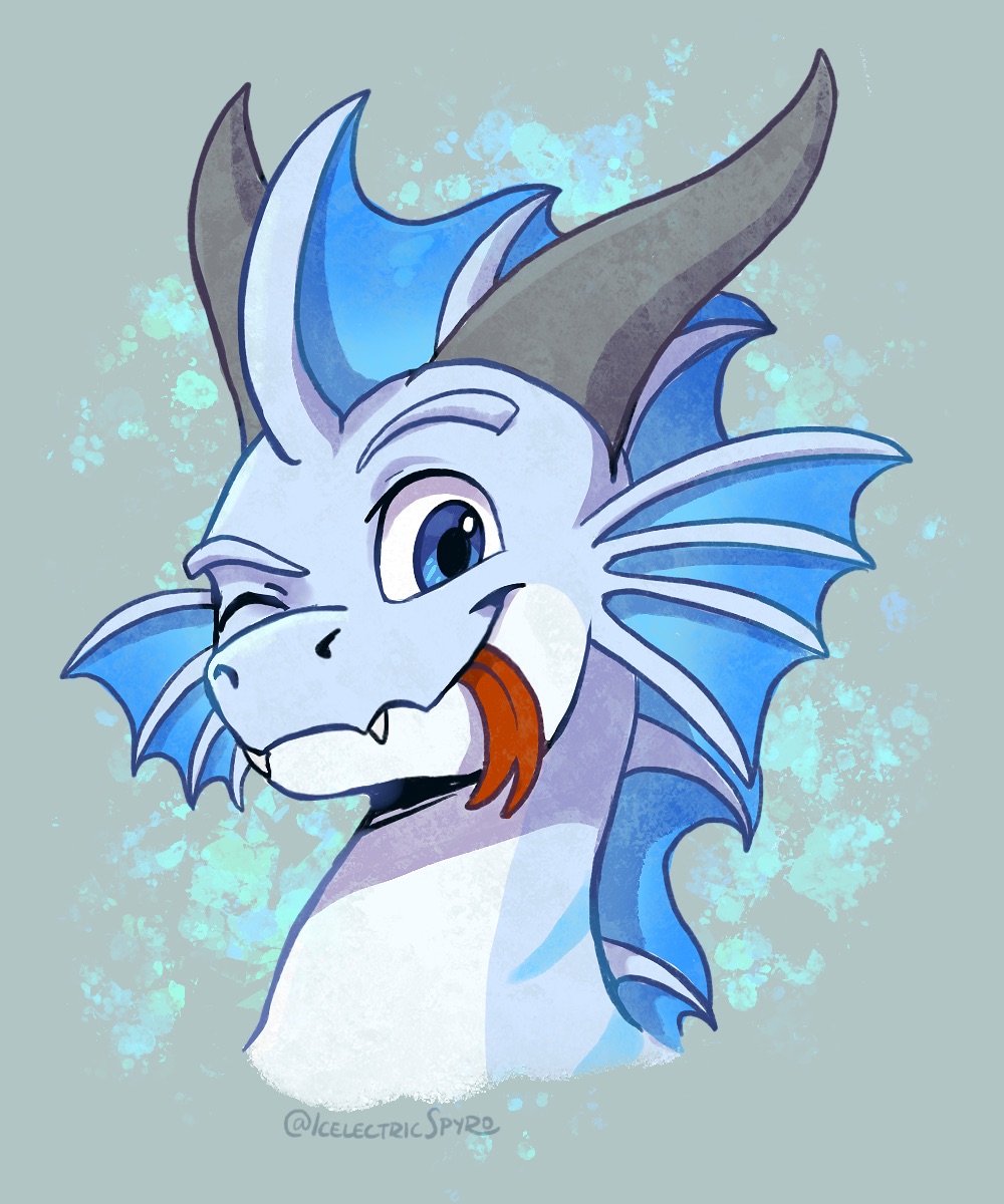 2021 blue_eyes digital_media_(artwork) dragon headshot_portrait hi_res horn icelectricspyro looking_at_viewer portrait simple_background spines tongue