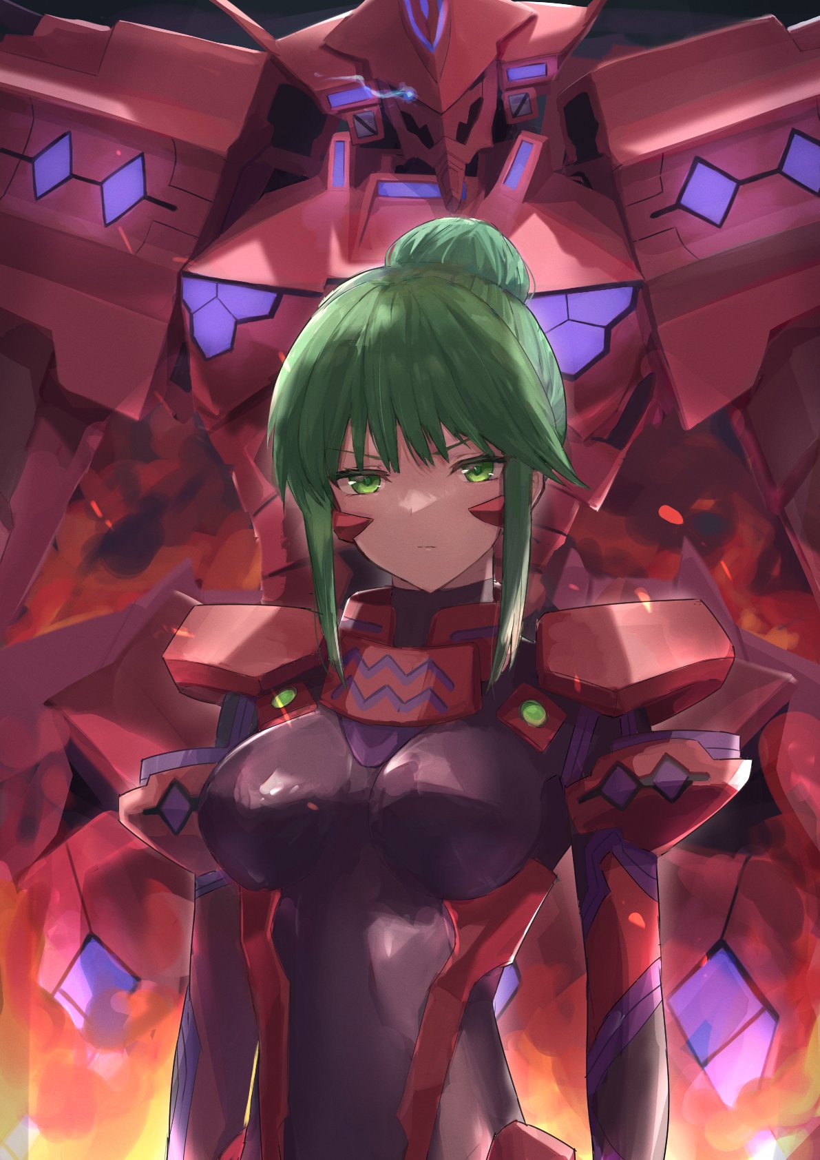 1girl bangs blue_eyes breasts eyebrows_visible_through_hair fire fortified_suit frown glowing glowing_eye green_eyes green_hair hair_bun head_tilt highres ito_t20a mecha medium_breasts muvluv muvluv_alternative muvluv_alternative_(anime) pilot_suit science_fiction sidelocks skin_tight tactical_surface_fighter takemikazuchi_(muvluv) tsukuyomi_mana v-shaped_eyebrows