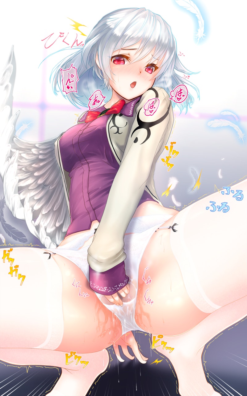 1girl angel_wings bangs beige_jacket blush bow bow_panties bowtie breasts collared_shirt commentary_request commission covered_nipples emphasis_lines eyelashes feathered_wings feathers female_masturbation fingernails fingers garter_straps gizensha highres kishin_sagume large_breasts long_sleeves looking_at_viewer m_legs masturbation open_mouth panties purple_shirt pussy_juice pussy_juice_drip_through_clothes pussy_juice_stain red_bow red_bowtie red_eyes red_neckwear shirt sidelocks silver_hair single_wing skeb_commission skirt skirt_removed solo squatting thighhighs thighs tongue touhou trembling underwear white_legwear white_panties wing_collar wings