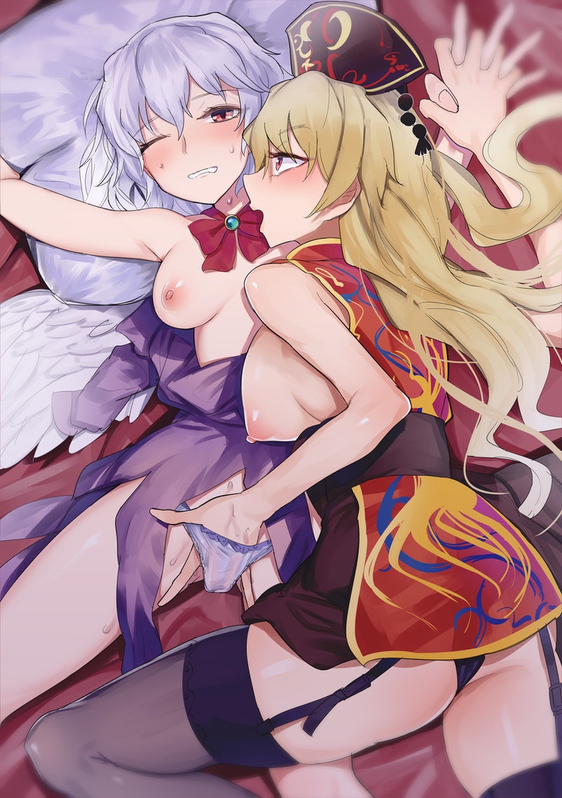 2girls angel_wings areolae artist_request bangs bed_sheet black_legwear blush bow bowtie breasts breasts_outside chinese_clothes clenched_teeth commentary_request commission dress eyelashes feathered_wings female_masturbation full-face_blush garter_straps holding_hands junko_(touhou) kishin_sagume large_areolae long_hair looking_at_viewer lying masturbation multiple_girls no_bra on_back on_bed one_eye_closed open_clothes open_mouth panties phoenix_crown pillow pom_pom_(clothes) puffy_nipples purple_dress purple_panties red_bow red_bowtie red_eyes red_neckwear shiny shiny_hair short_hair sidelocks silver_hair single_wing skeb_commission sweat sweatdrop tabard tassel teeth thighhighs touhou underwear wings yuri