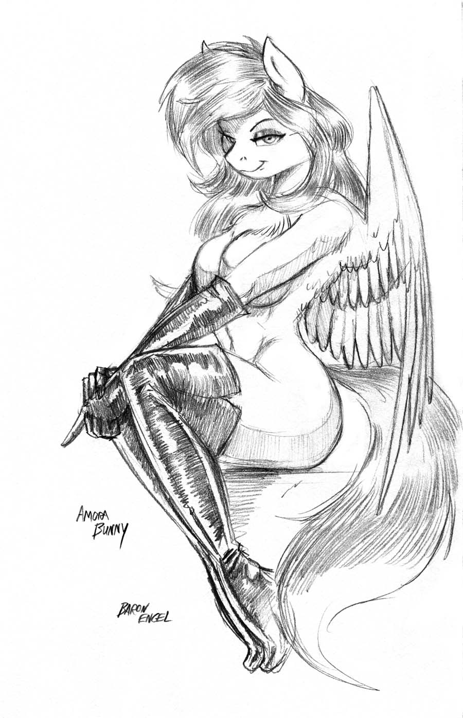 anthro armwear baron_engel clothing elbow_gloves equid equine female folded_wings gloves graphite_(artwork) handwear hi_res legwear looking_at_viewer mammal mostly_nude pegasus pencil_(artwork) simple_background sitting smile smirk solo strategically_covered thigh_highs traditional_media_(artwork) white_background wings