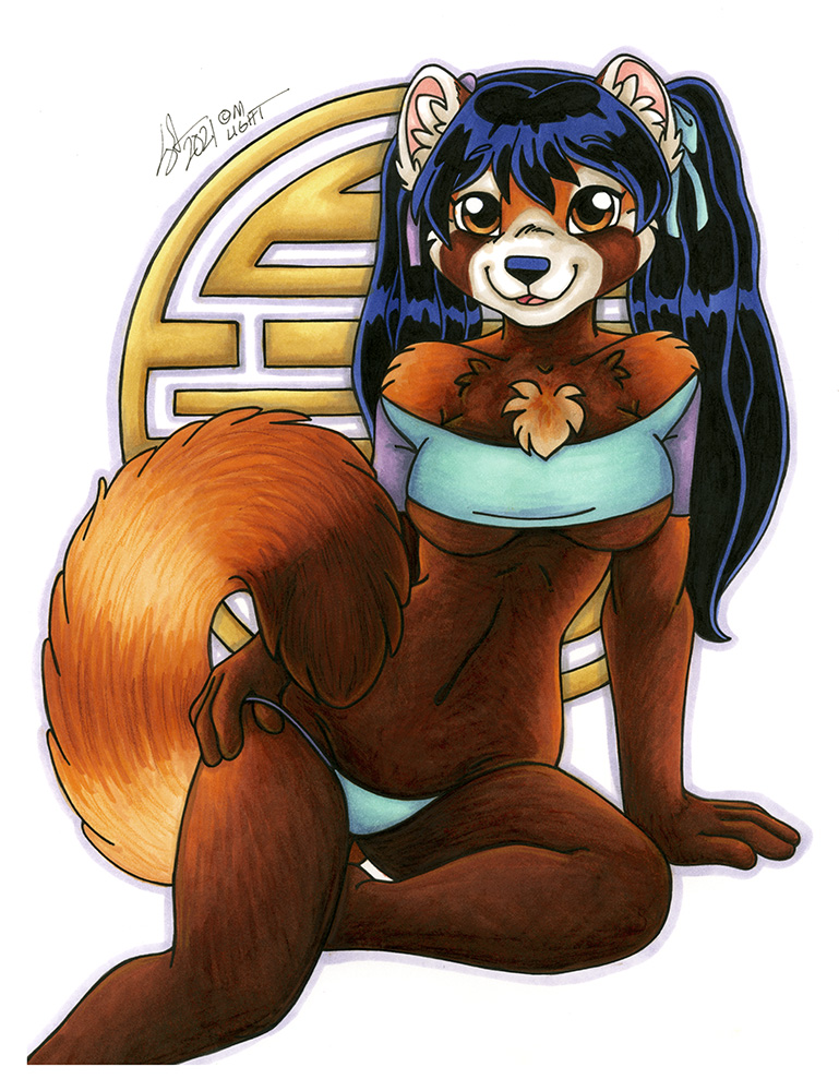 2021 ailurid anthro black_hair breasts brown_body brown_fur clothed clothing female fur hair inner_ear_fluff looking_at_viewer mammal michele_light orange_body orange_eyes orange_fur ponytail red_panda skimpy smile solo tuft under_boob white_body white_fur