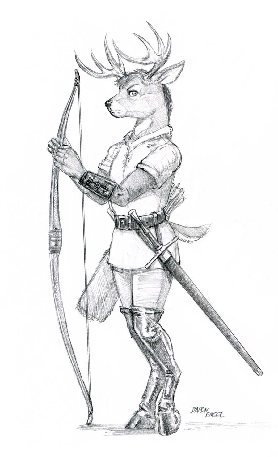anthro baron_engel bow_(weapon) cedric_blackprongs cervid clothing dungeons_and_dragons duo graphite_(artwork) hasbro hi_res legwear long_bow looking_aside male mammal melee_weapon pencil_(artwork) ranged_weapon ranger simple_background sword thigh_highs traditional_media_(artwork) tunic weapon white_background wizards_of_the_coast