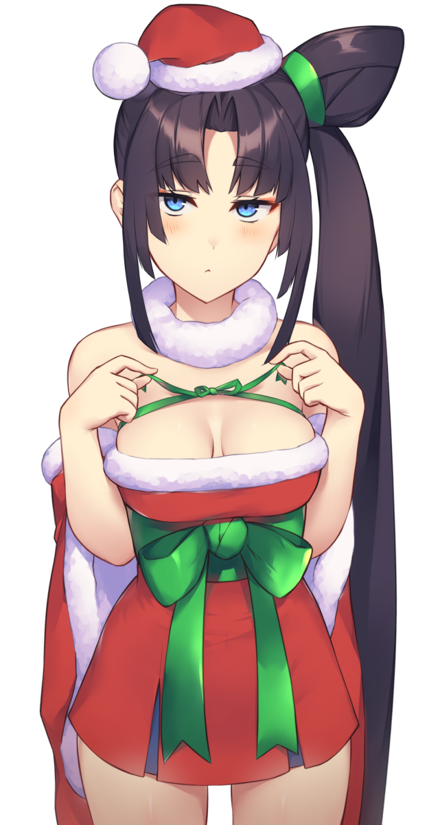 1girl alternate_costume bangs bare_shoulders black_hair blue_eyes blush bow breasts christmas cleavage commentary cowboy_shot detached_sleeves dress eyebrows_visible_through_hair fate/grand_order fate_(series) fur_trim highres long_hair looking_at_viewer medium_breasts p!nta pout red_dress santa_costume side_ponytail solo ushiwakamaru_(fate) very_long_hair waist_bow white_background wrapped_candy wrapper