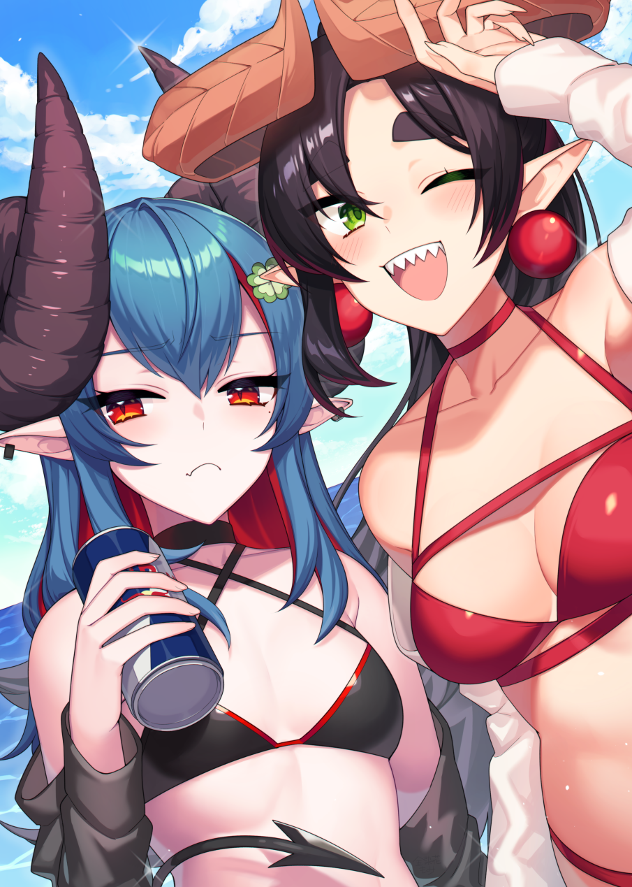 2girls ;d arm_up bare_shoulders bikini black_bikini black_choker black_hair black_jacket blue_hair breasts can choker closed_mouth clover_senpai colored_inner_hair commission criss-cross_halter curled_horns demon_girl demon_horns demon_tail energy_drink frown green_eyes halterneck highres holding horns indie_virtual_youtuber jacket kinsenka_momi long_hair looking_at_viewer medium_breasts mole mole_under_eye multicolored_hair multiple_girls mythic_live nako_ryu off_shoulder one_eye_closed open_mouth outdoors pointy_ears red_bikini red_bull red_choker red_eyes sharp_teeth sidelocks skeb_commission small_breasts smile streaked_hair string_bikini swimsuit tail teeth thick_eyebrows two-tone_hair virtual_youtuber