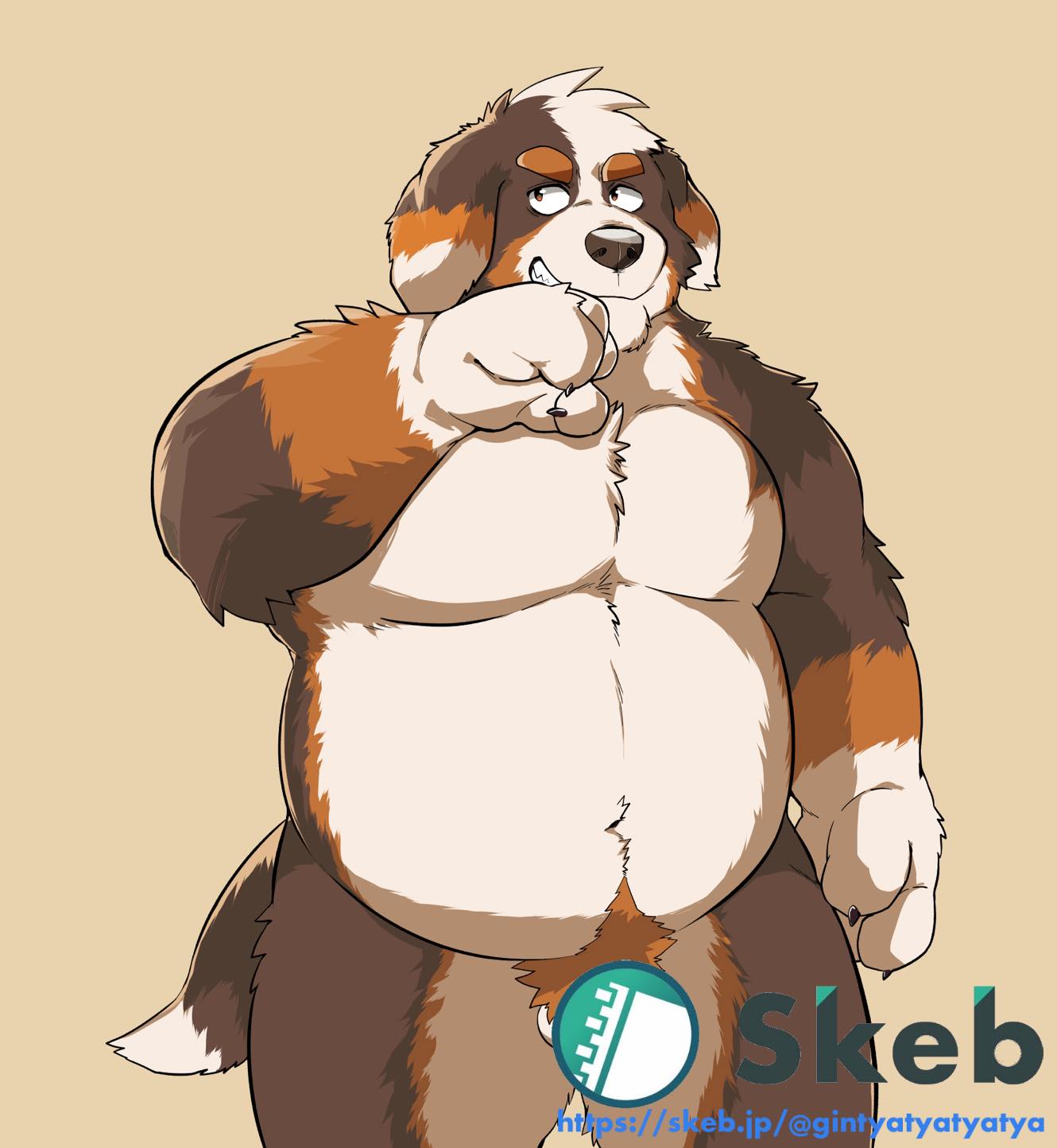 2021 anthro balls barely_visible_balls barely_visible_genitalia belly bernese_mountain_dog black_body black_nose brown_body canid canine canis censored domestic_dog genitals ginnosuke hi_res humanoid_hands kemono male mammal molosser mountain_dog navel overweight overweight_male simple_background solo swiss_mountain_dog white_body