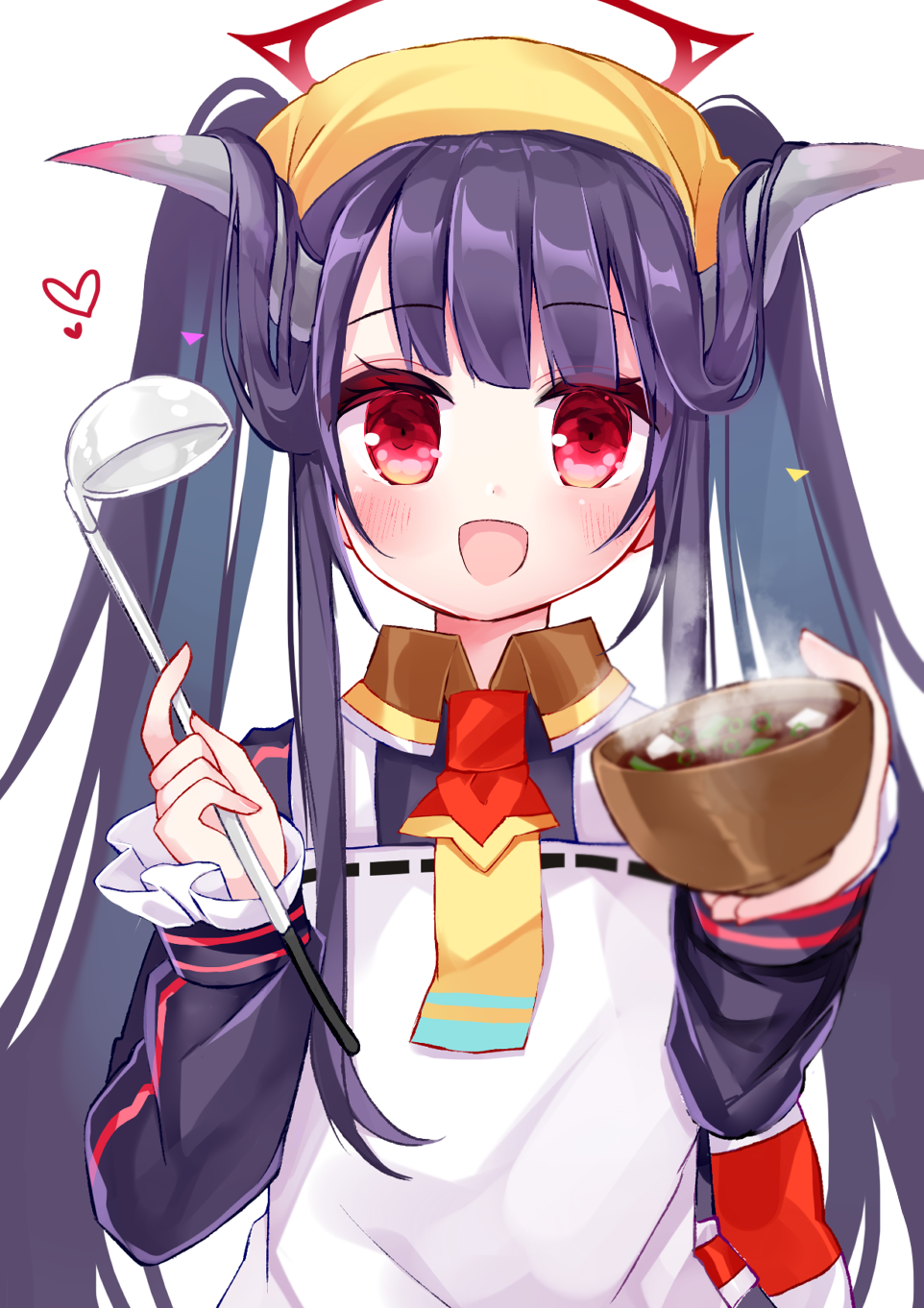 1girl :d apron bangs black_hair black_shirt blue_archive blurry blurry_foreground blush bowl collared_shirt depth_of_field eyebrows_visible_through_hair food frilled_sleeves frills fuuka_(blue_archive) halo head_scarf heart highres holding holding_bowl ladle long_hair long_sleeves looking_at_viewer red_eyes shikito shirt simple_background smile solo steam twintails upper_body very_long_hair white_apron white_background