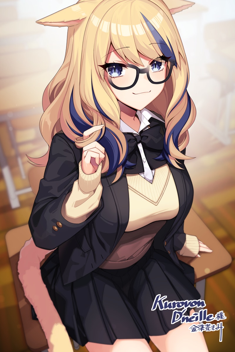 1girl :3 animal_ears avatar_(ff14) black-framed_eyewear black_jacket black_skirt blazer blue_eyes bow bowtie breasts cat_ears cat_girl cat_tail collared_shirt desk final_fantasy final_fantasy_xiv glasses hand_up jacket kinsenka_momi large_breasts long_hair long_sleeves looking_at_viewer miniskirt miqo'te multicolored_hair on_desk pleated_skirt school_uniform shirt sitting sitting_on_desk skirt smile solo sweater tail two-tone_hair undershirt white_shirt yellow_sweater