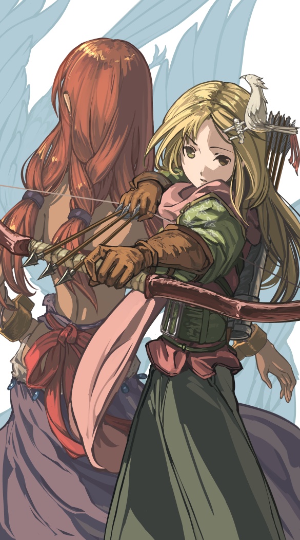 2girls aiming arrow_(projectile) back-to-back bad_id bad_pixiv_id bangs belt blonde_hair bow_(weapon) brown_gloves cuffs drawing_bow facing_away feet_out_of_frame fighting_stance floral_print gloves green_eyes gypsy hair_ornament hair_scrunchie hairpin harusame_(rueken) holding holding_bow_(weapon) holding_weapon jewelry long_hair long_sleeves looking_at_viewer low_twintails multiple_girls outstretched_arm parted_bangs parted_lips pink_scarf purple_skirt quiver red_hair scarf scrunchie serious shackles shauna_(soul_cradle) shiny shiny_hair siblings simple_background sisters skirt soul_cradle standing tied_hair tricia_(soul_cradle) twintails weapon white_background
