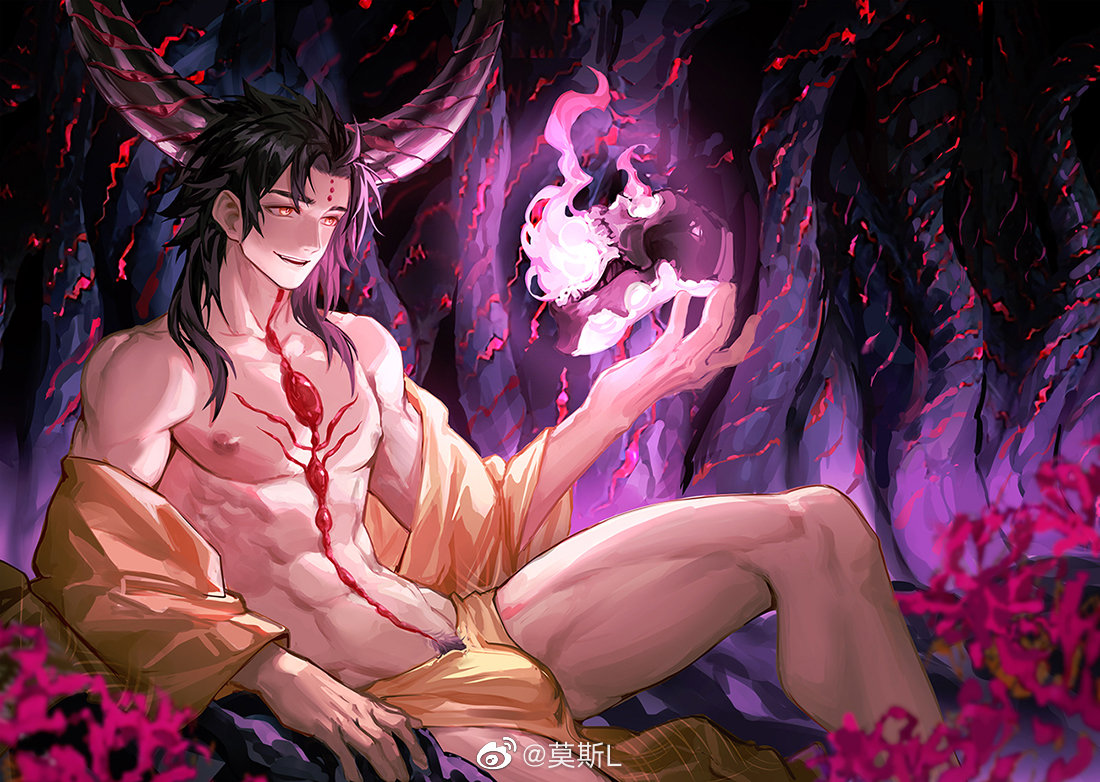 1boy abs bangs bare_pectorals bulge demon_boy demon_horns facial_mark fate/grand_order fate_(series) feet_out_of_frame forehead_mark genderswap genderswap_(ftm) horns long_hair magic male_focus male_pubic_hair mosi_l muscular muscular_male navel nipples off_shoulder parted_bangs pectorals pubic_hair sesshouin_kiara sitting smile solo stomach thick_thighs thighs very_long_hair yellow_eyes