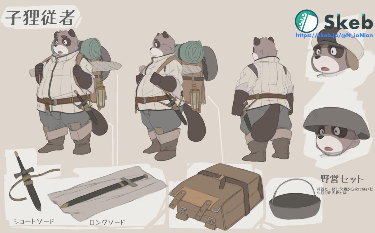 2021 anthro backpack belly bottomwear brown_body canid canine clothing hat headgear headwear kemono male mammal melee_weapon model_sheet multiple_poses nion overweight overweight_male pose raccoon_dog shirt shorts solo sword tanuki topwear weapon