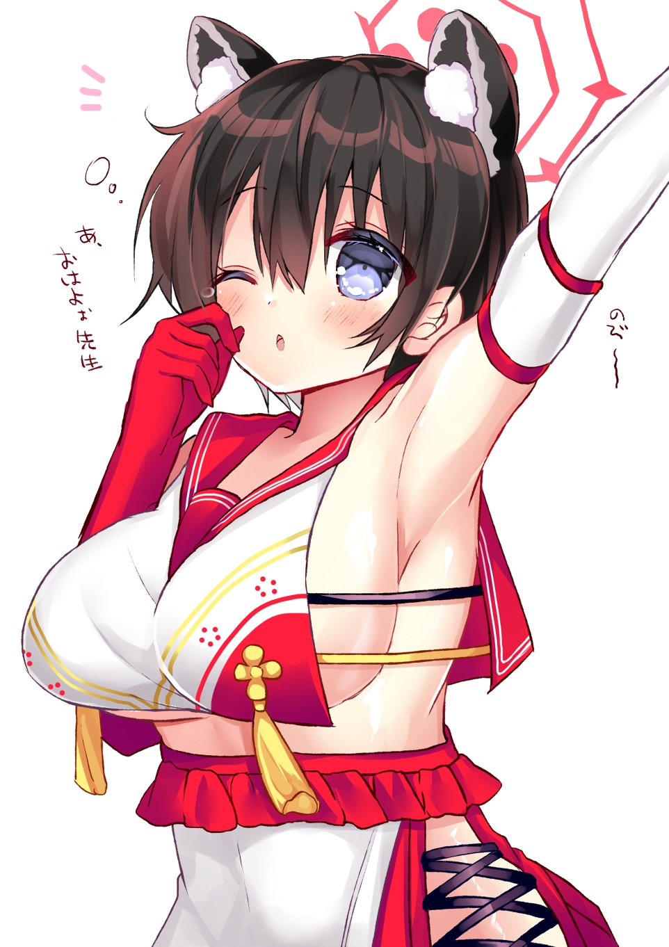 1girl ;o animal_ear_fluff animal_ears arm_up armpits bangs black_hair blue_archive blue_eyes blush breasts crop_top eyebrows_visible_through_hair gloves hair_between_eyes halo highres large_breasts one_eye_closed parted_lips red_gloves red_sailor_collar sailor_collar shikito sideboob simple_background solo stretch translation_request tsubaki_(blue_archive) white_background