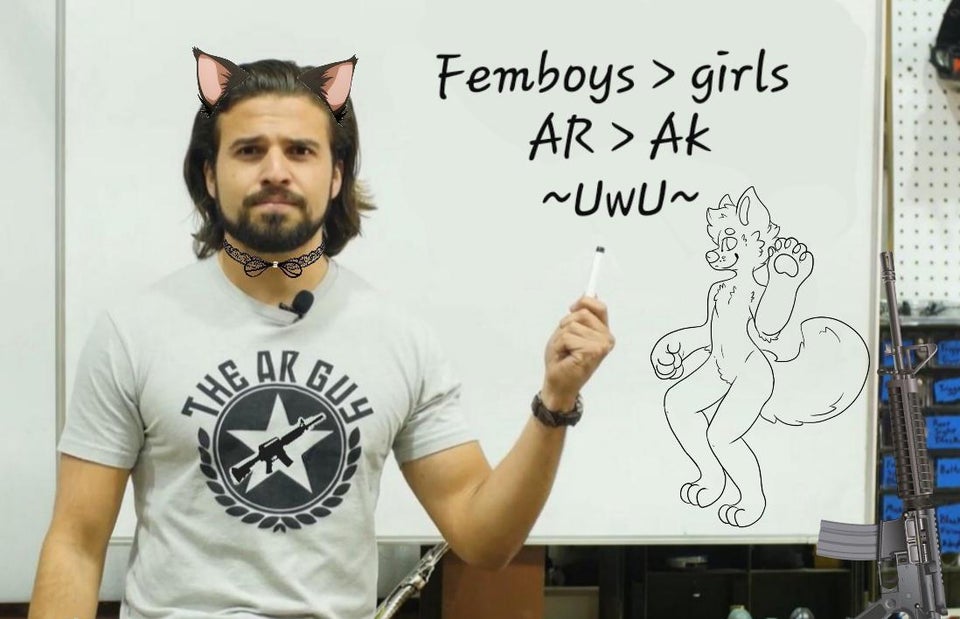 anonymous_artist anthro ar-15 beard biceps brandon_herrera cat_ear choker clock clothing collar concerned drawing facial_hair feline_ears fluffy fluffy_tail fur gun hair human humanoid jewelry looking_at_viewer male mammal marker microphone muscular muscular_male necklace pawpads paws ranged_weapon shirt snout solo text topwear unknown_species uwu watch weapon what whiteboard why wristwatch