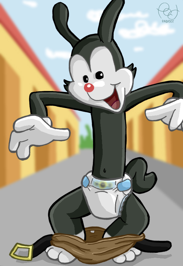 3_toes 4_fingers animaniacs anthro belt belt_buckle diaper feet fingers male padfoot_squarepants pants_around_ankles red_nose solo toes warner_brothers yakko_warner