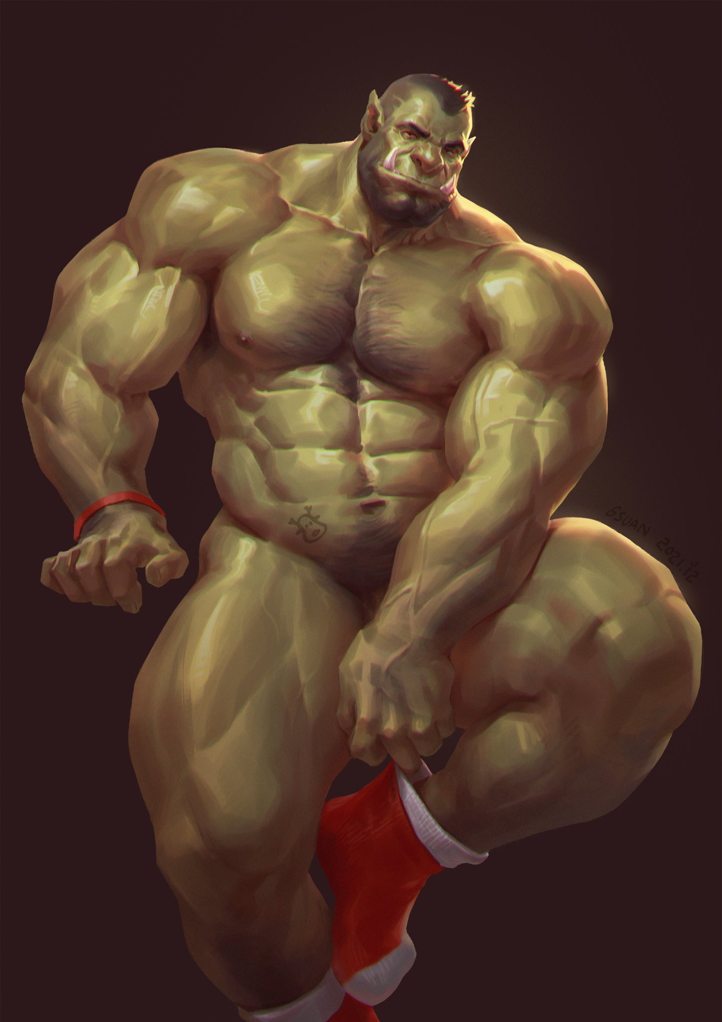 6suan abs christmas covering covering_crotch covering_penis green_body green_skin hairy hi_res holidays humanoid humanoid_pointy_ears male muscular muscular_male nipples orc solo vein