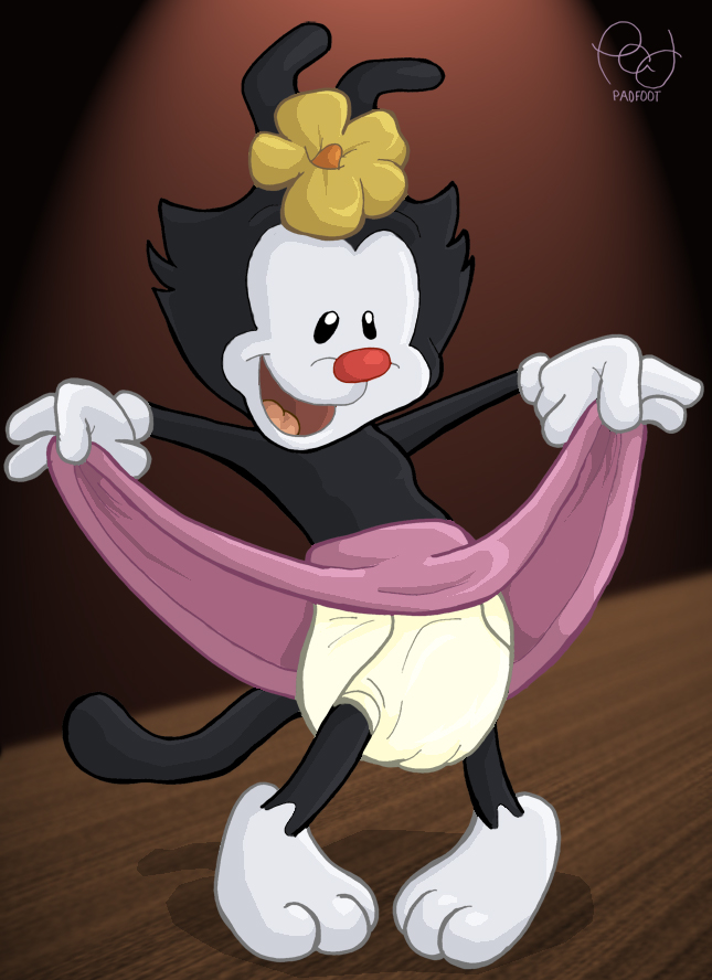 3_toes 4_fingers accessory animaniacs anthro bodily_fluids bottomwear clothed clothing clothing_lift diaper dot_warner feet female fingers flower flower_in_hair genital_fluids hair hair_accessory padfoot_squarepants plant red_nose skirt skirt_lift solo toes urine warner_brothers wet_diaper wetting