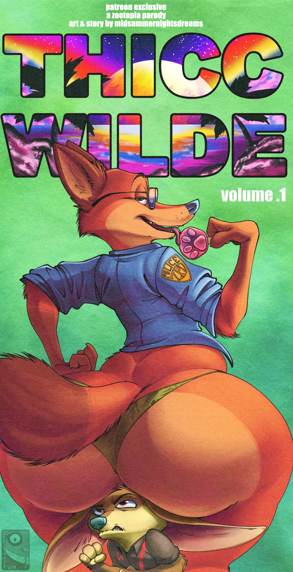 anthro badge bedroom big_butt blue_eyes bottomwear butt clothing curvaceous curvy_figure disney duo eyewear finnick food fur girly glasses green_background hi_res huge_butt hyper hyper_butt licking looking_at_viewer male male/male midsummernightsdream nick_wilde orange_body panties pawpsicle police popsicle rear_view seductive shirt simple_background solo tongue tongue_out topwear two underwear uniform voluptuous wide_hips zootopia