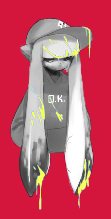 1girl bangs baseball_cap blunt_bangs closed_mouth clothes_writing commentary english_commentary english_text hands_in_pockets happy hat inkling long_sleeves looking_to_the_side monochrome multicolored_hair pointy_ears red_background shiny shiny_hair simple_background sketch slime_(substance) smile solo splatoon_(series) sweater tentacle_hair tentacles twintails two-tone_hair upper_body zambiie
