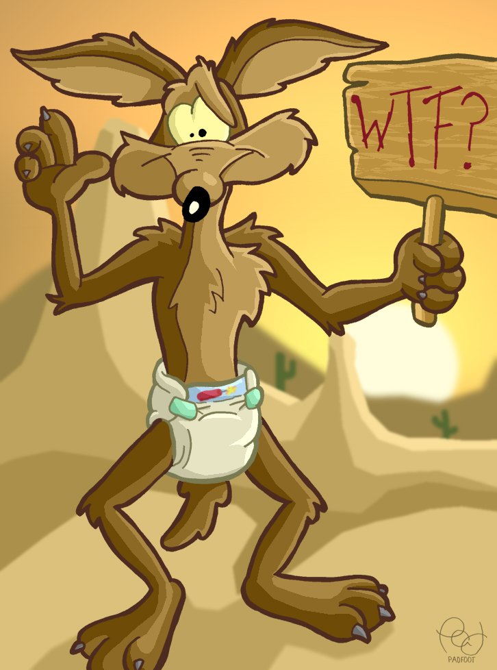 3_toes 4_fingers anthro canid canine canis coyote diaper feet fingers holding_object holding_sign looney_tunes male mammal padfoot_squarepants sign solo the_looney_tunes_show toes warner_brothers wile_e._coyote