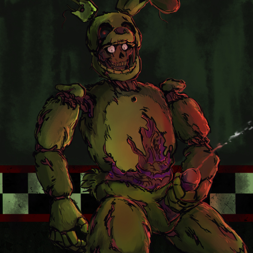 5_fingers after_masturbation animatronic anthro bodily_fluids bone broken corpse cum death dirty fingers five_nights_at_freddy's five_nights_at_freddy's_3 fur genital_fluids genitals gore green_body green_fur guts hand_on_penis human humanoid_hands inside lagomorph leporid machine male mammal mask mechanical_jaws nightmare_fetish_fuel nightmare_fuel noseless organs orgasm penis rabbit robot scottgames scut_tail short_tail skull solo springtrap_(fnaf) teeth undead video_games william_afton_(fnaf) zombie