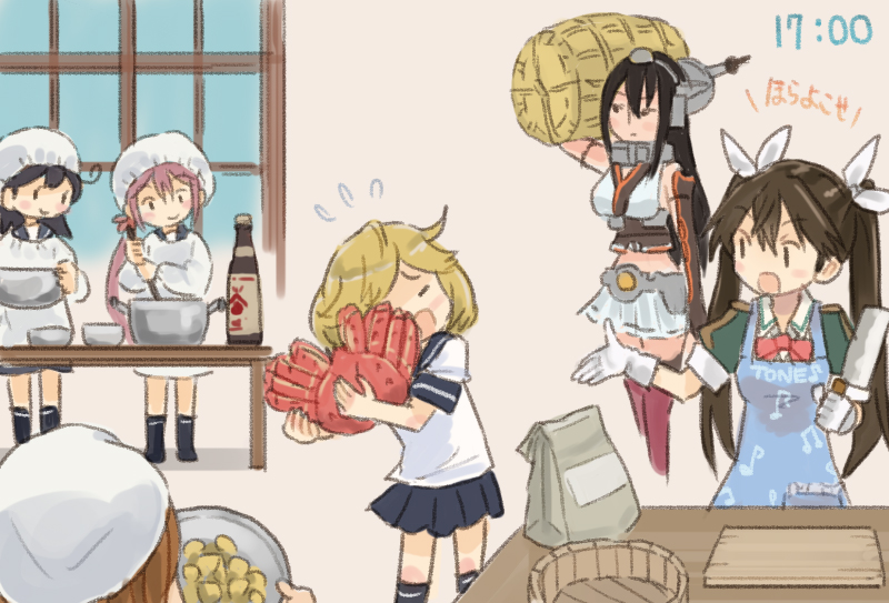 6+girls ahoge akebono_(kancolle) apron beamed_eighth_notes black_gloves black_hair black_legwear blue_apron blue_sailor_collar blue_skirt blush blush_stickers bottle brown_hair cleaver closed_eyes closed_mouth clothes_writing crab eighth_note elbow_gloves eyebrows_visible_through_hair fingerless_gloves flower flying_sweatdrops gloves hair_between_eyes hair_flower hair_ornament hair_ribbon headgear holding kantai_collection kappougi kneehighs light_brown_hair long_hair long_sleeves military military_uniform multiple_girls musical_note musical_note_print nagato_(kancolle) oboro_(kancolle) open_mouth pink_flower pleated_skirt purple_hair red_legwear ribbon saiguchi_otoufu sailor_collar school_uniform serafuku short_hair short_sleeves side_ponytail skirt smile thighhighs tone_(kancolle) twintails uniform ushio_(kancolle) white_gloves white_ribbon white_skirt