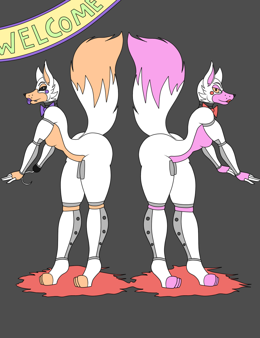 animatronic anthro breasts canid canine canis duo female female/female five_nights_at_freddy's five_nights_at_freddy's_world fox funtime_foxy_(fnaf) funtime_foxy_(fnafsl) hi_res lipstick lolbit_(fnaf) looking_at_viewer machine makeup mammal photolol.03 robot scottgames simple_background sister_location thick_thighs trash video_games