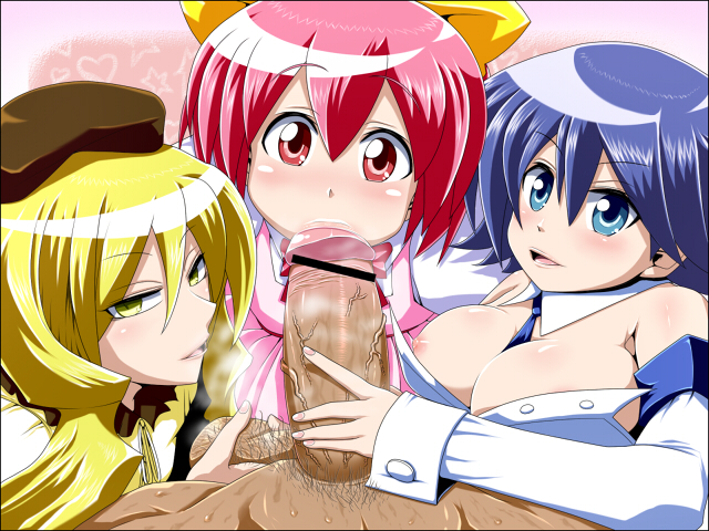 1boy 3girls artist_request blush censored fellatio kuchinashi_(needless) mio_(needless) multiple_fellatio multiple_girls needless oral penis setsuna_(needless) smile