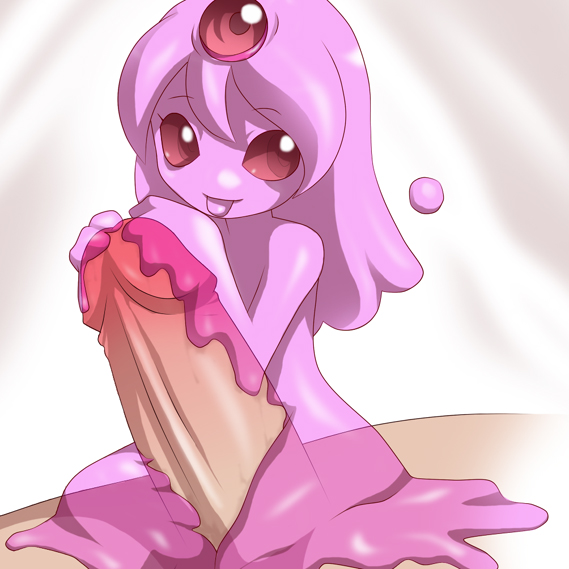 :p artist_request cute erection goo_girl kawaii koonago looking_at_viewer minigirl monster_girl nude penis pink_hair pink_skin purple red_eyes slime smile source_request third_eye tongue tongue_out transparent uncensored