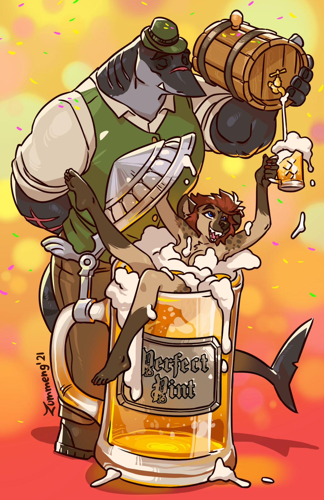 alcohol anthro beer beverage black_body blue_eyes brown_body brown_fur christopher_(zummeng) clothed clothed/nude clothed_male_nude_female clothing convenient_censorship duo eyes_closed female fish foam fur hi_res hyaenid keg lederhosen male male/female mammal marine nora_(zummeng) nude raised_leg scar shark sharp_teeth smile teeth zummeng