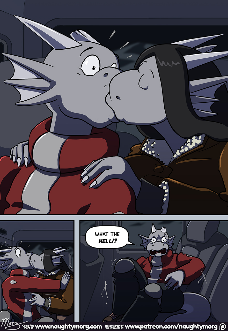 anthro backseat bailey_(naughtymorg) black_bottomwear black_clothing black_eyes black_hair black_pants bottomwear broken_horn brother brother_and_sister car clothed clothing comic dialogue disgust dom_(naughtymorg) dragon duo ear_fins ear_frill english_text eyes_closed female fin frill_(anatomy) fully_clothed hair hand_on_stomach hi_res horn inside jacket kissing knee_pads long_hair male male/female naughtymorg pants patreon patreon_logo pushing_away scalie scared shocked sibling signature sister surprise surprise_kiss text topwear url vehicle wide_eyed wingless_dragon winter_coat